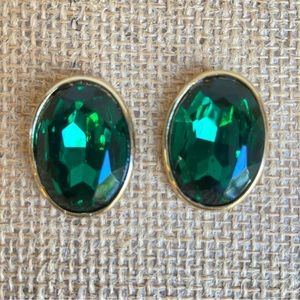 Faceted green oval cabochons pierced post earrings in goldtone settings